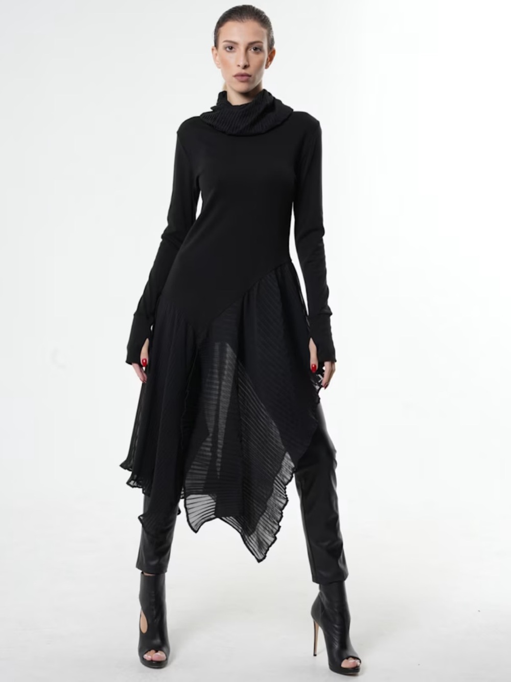 Methamorphoza Black Asymmetric Long Sleeve Dress with Pleated Hem